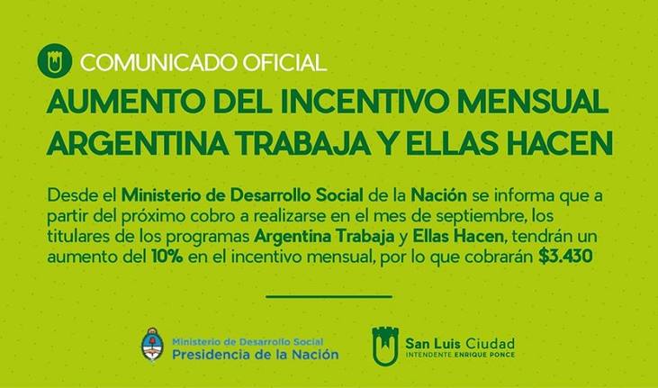 Photo of San Luis: Aumento para beneficiarios de Argentina Trabaja y Ellas Hacen